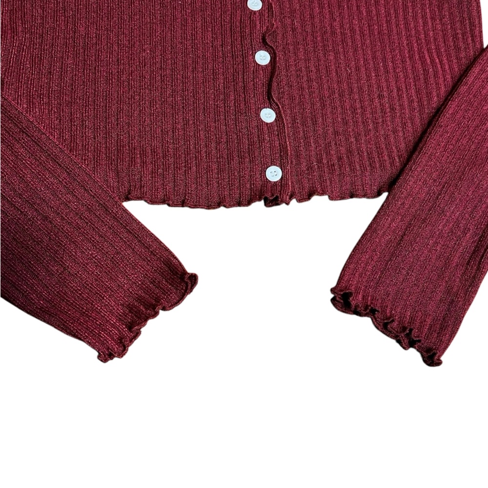 American Eagle Lettuce Trimmed Ribbed Burgundy Cardigan Button Down Size Small - Picture 5 of 6